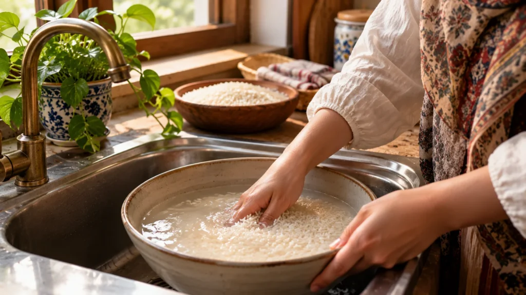 تصویر شستن برنج - راهنمای کامل پخت برنج ایرانی؛ از خیساندن تا کته و آبکش