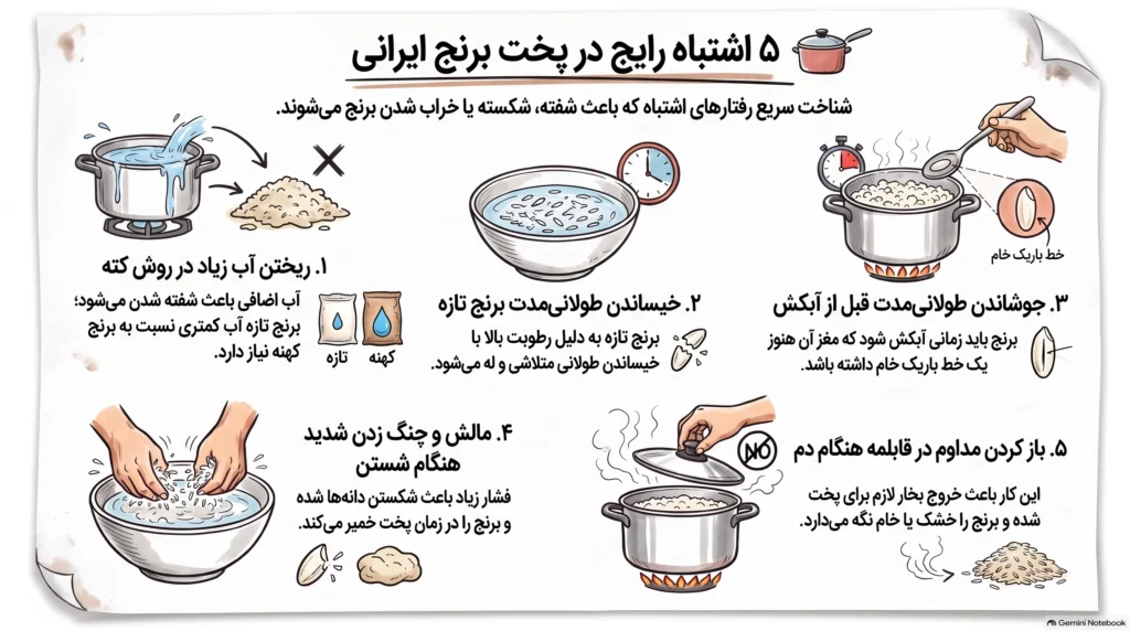 ۵ اشتباه رایج در پخت برنج ایرانی - راهنمای کامل پخت برنج ایرانی؛ از خیساندن تا کته و آبکش