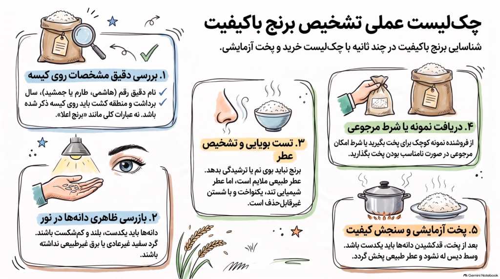 مقایسه برنج هاشمی، طارم و جمشید؛ تفاوت در عطر، پخت، ظاهر و قیمت 7 چک لیست عملی تشخیص برنج با کیفیت